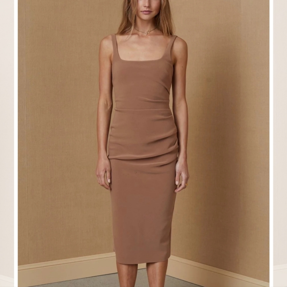 Bec & Bridge Karina Tuck Midi Dress in milk chocolate